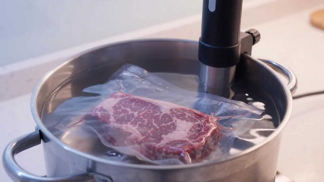 Wasserbad in einem Edelstahltopf mit eingehängtem Sous-vide-Stab, darin ein vakuumverpacktes rohes Rindersteak