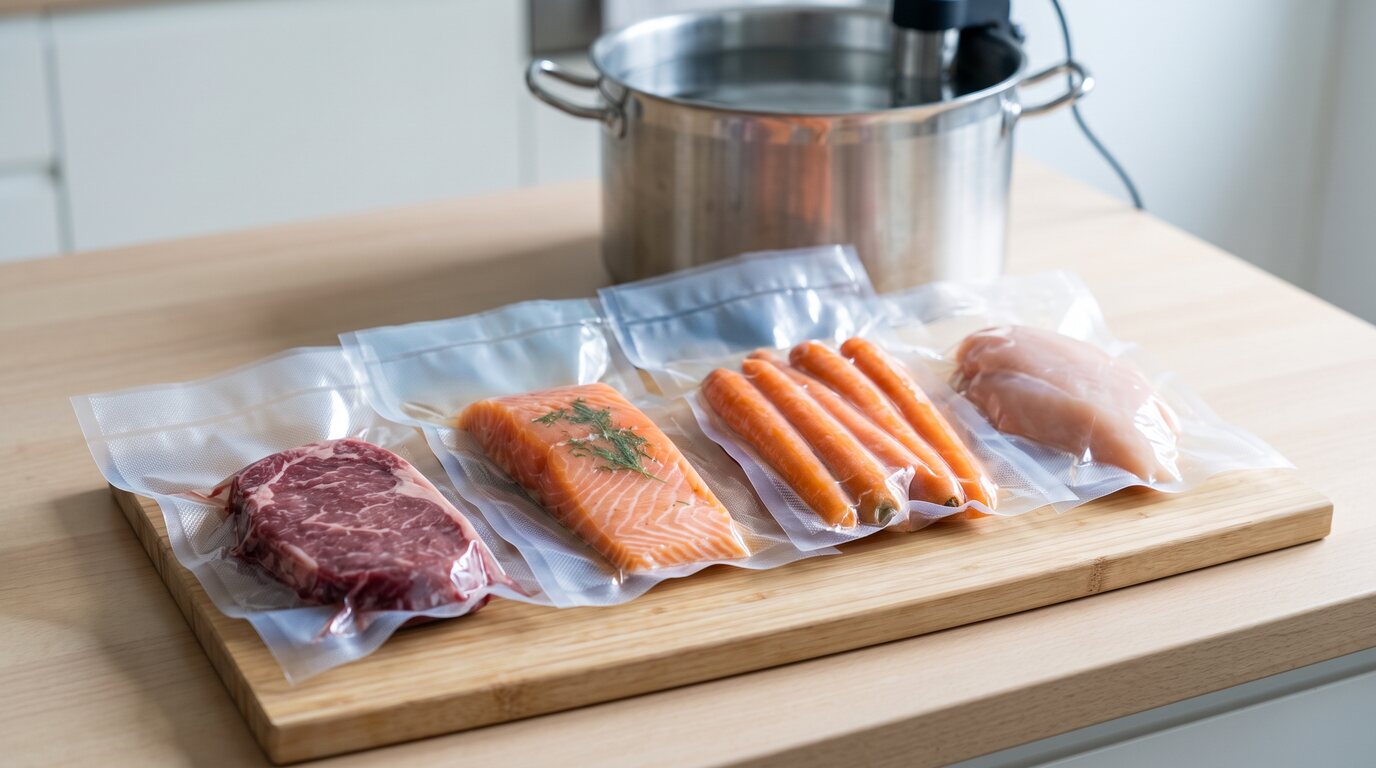 Vakuumverpacktes Rindersteak, Lachsfilet, Möhren und Hähnchenbrust auf einem Holzbrett, dahinter ein Topf mit Wasserbad