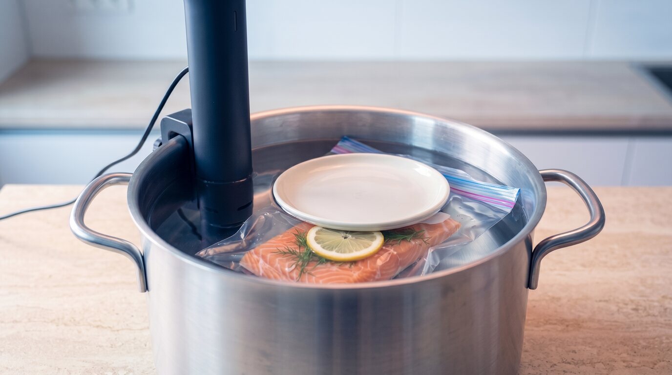 Gefrierbeutel mit Zip-Verschluss und Lachsfilet im Wasserbad, ein kleiner Teller hält ihn unter Wasser, am Topfrand ein Sous-vide-Stab