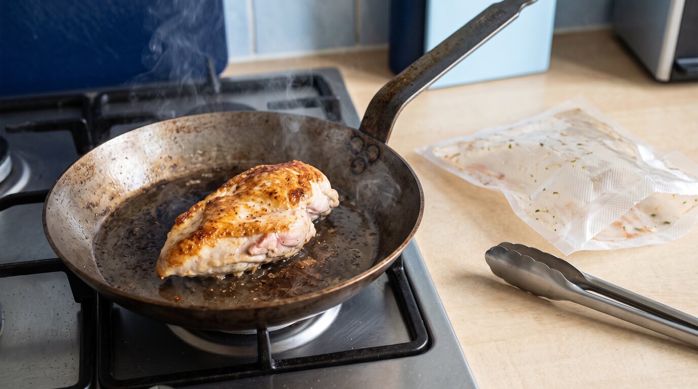 Sous-vide gegarte Hähnchenbrust wird in einer heißen Eisenpfanne goldbraun angebraten, daneben ein leerer Vakuumbeutel und eine Grillzange