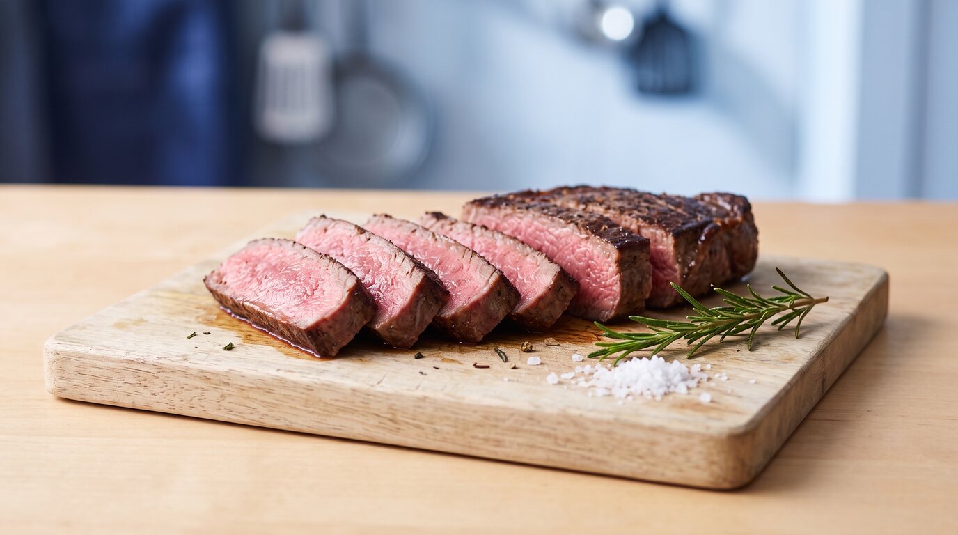 Aufgeschnittenes Rindersteak mit dunkler Kruste, innen gleichmäßig rosa, auf einem Holzbrett mit grobem Salz und Rosmarin