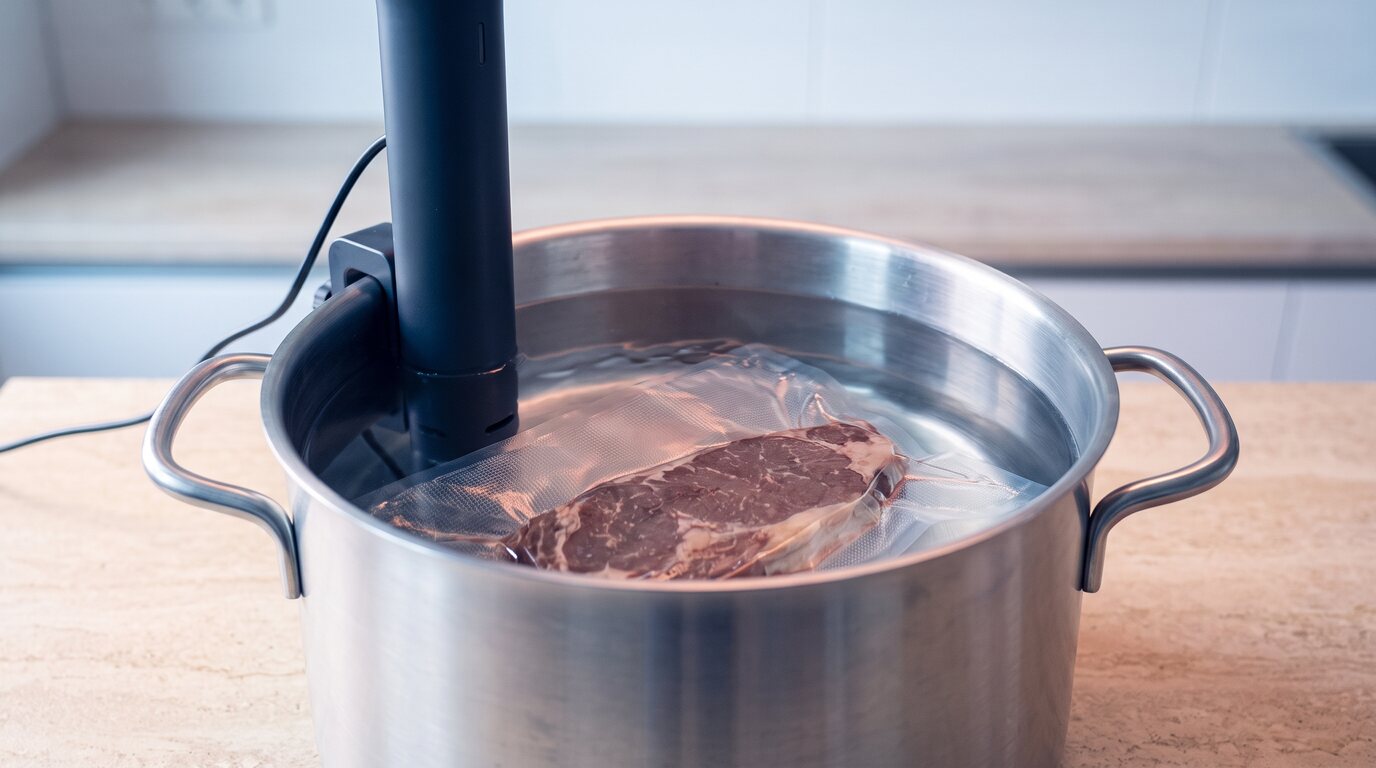 Sous-vide-Stab ohne Aufschrift am Rand eines Edelstahltopfs, im Wasserbad liegt ein vakuumverpacktes Rindersteak